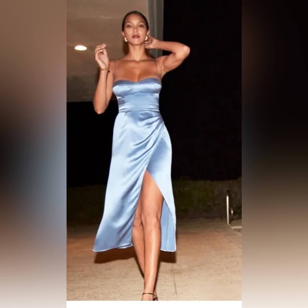 Reformation Blue Strapless Ruched Gown with Slit